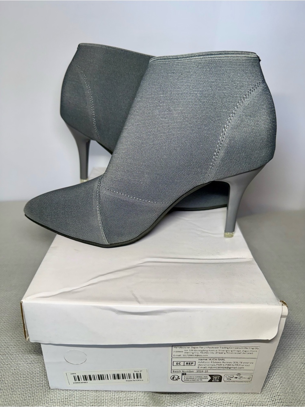 Gray Stretch Sock Booties Pointed Toe Stiletto Heels EU 37 NWT